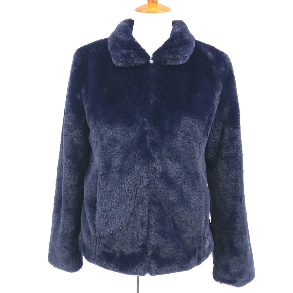 Maison Jules Navy Blue Reversible Faux Fur Long Sleeve Jacket Coat - Picture 1 of 16
